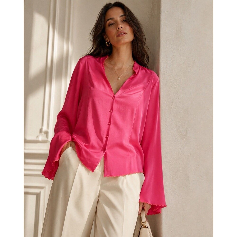 Lane Bryant 100% Silk Blouse Womens 14/16 Pink Split Bell Sleeve Y2K Lettuce Hem